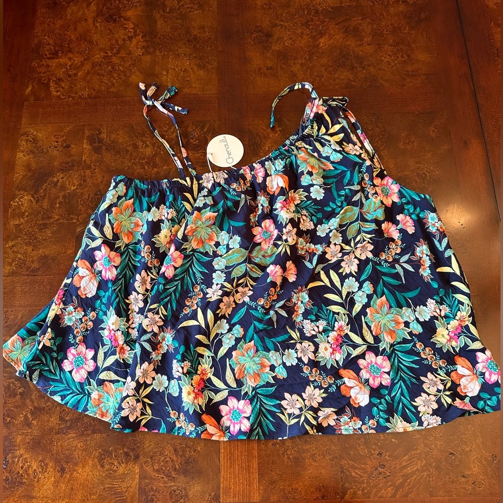 CHENAULT Top Floral Asymmetrical Blouse Shoulder Tie